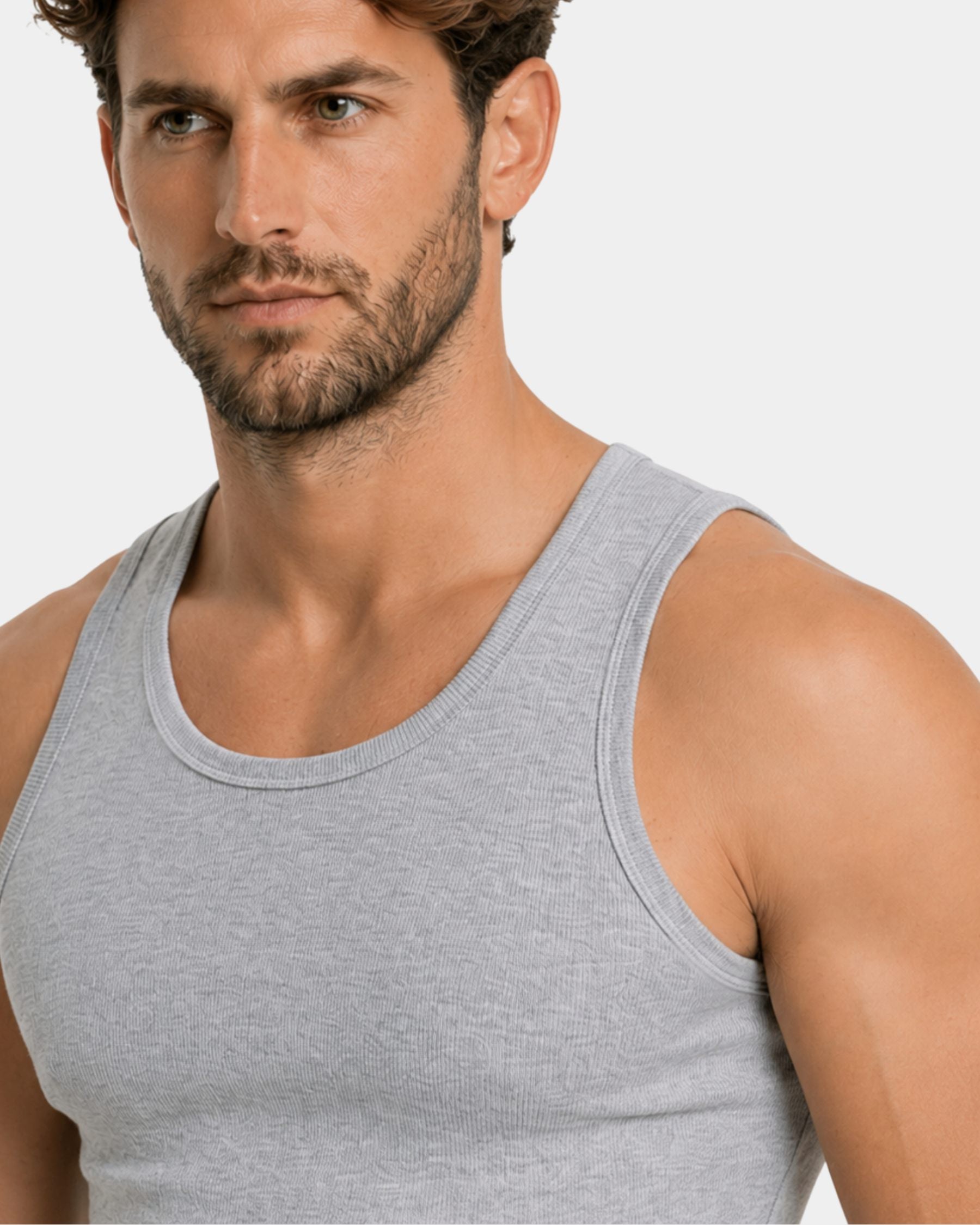 By Alden gray ribbed tank top on male model, close-up detail of neckline and shoulder, light gray background #Color_light gray