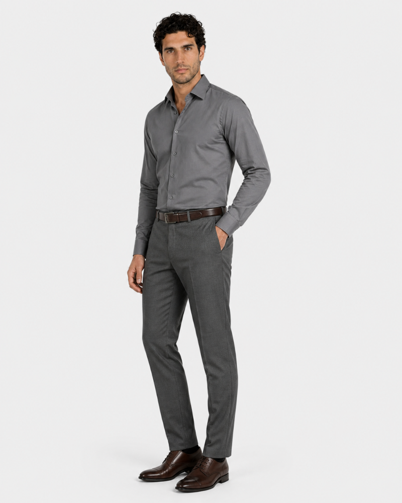 By Alden gray slim-fit dress shirt on male model, three-quarter view, full body, light gray background. #color_gray