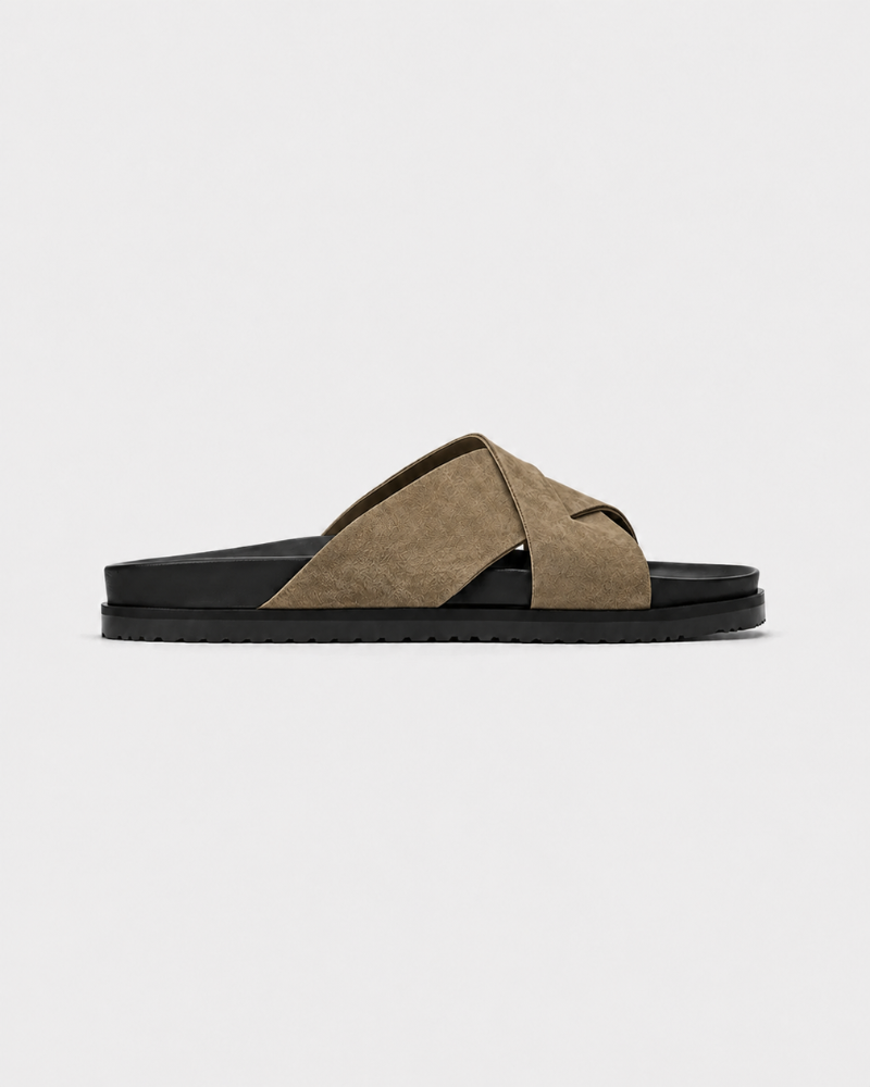By Alden green cross-strap suede slide sandal, black sole, side view, gray background #Color_camel