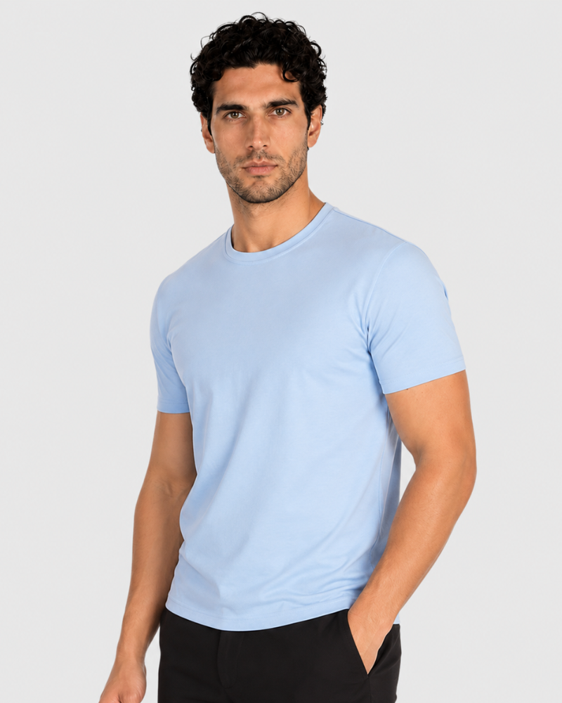 By Alden light blue crew neck t-shirt on male Caucasian model, 3/4 angle, gray bg #Color_mixed