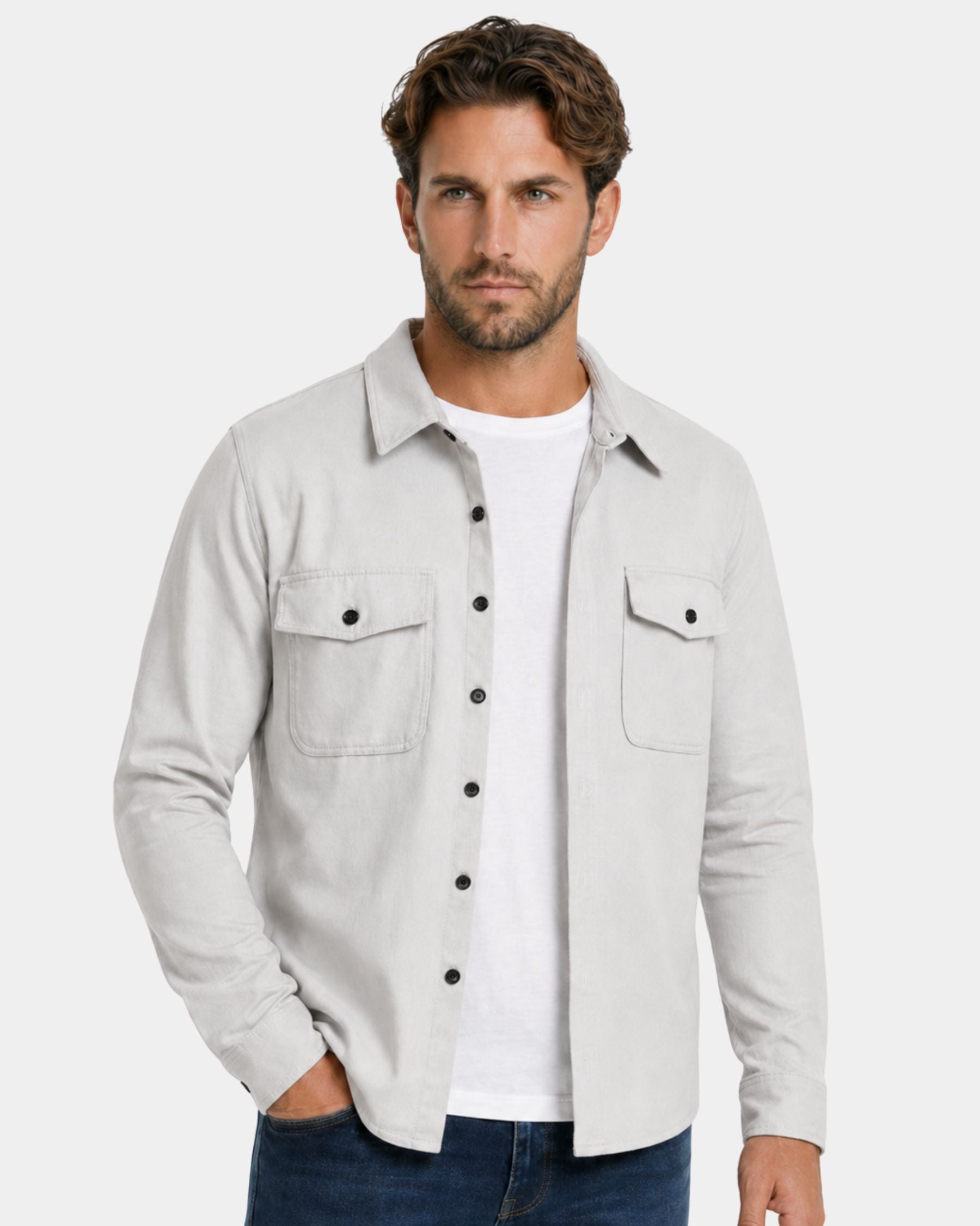 By Alden light gray overshirt on male model, three-quarter view upper body, light gray background #Color_light gray