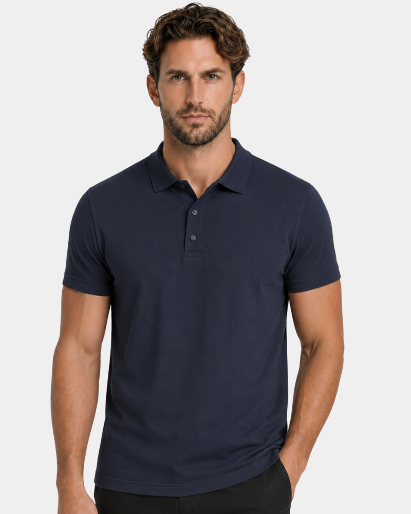 By Alden navy blue knit polo shirt on male model, front view, upper body, light gray background. #color_navy