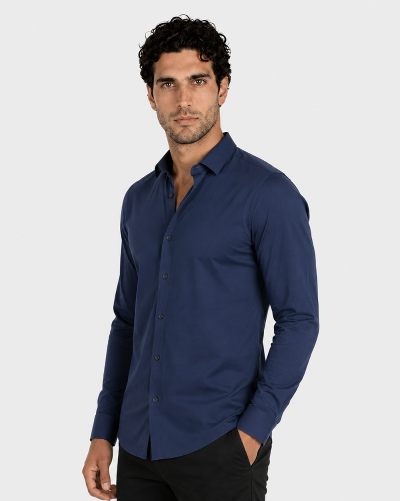 By Alden navy slim-fit dress shirt on male model, three-quarter view, upper body, light gray background. #color_navy