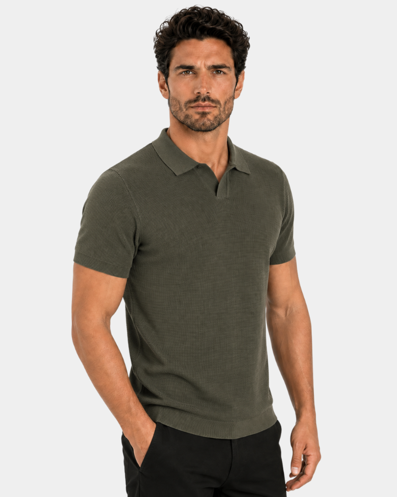 By Alden olive green open-collar knit polo shirt on male model, three-quarter view, upper body, light gray background. #color_olive green
