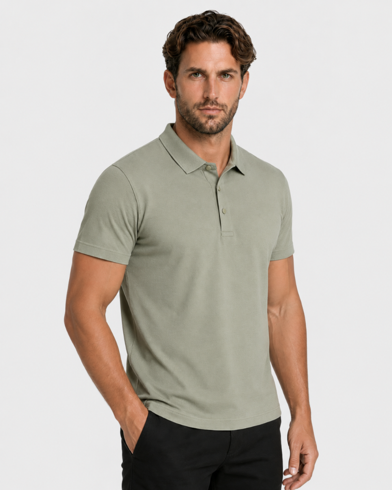 By Alden sage green knit polo shirt on male model, three-quarter view, upper body, light gray background. #color_olive green