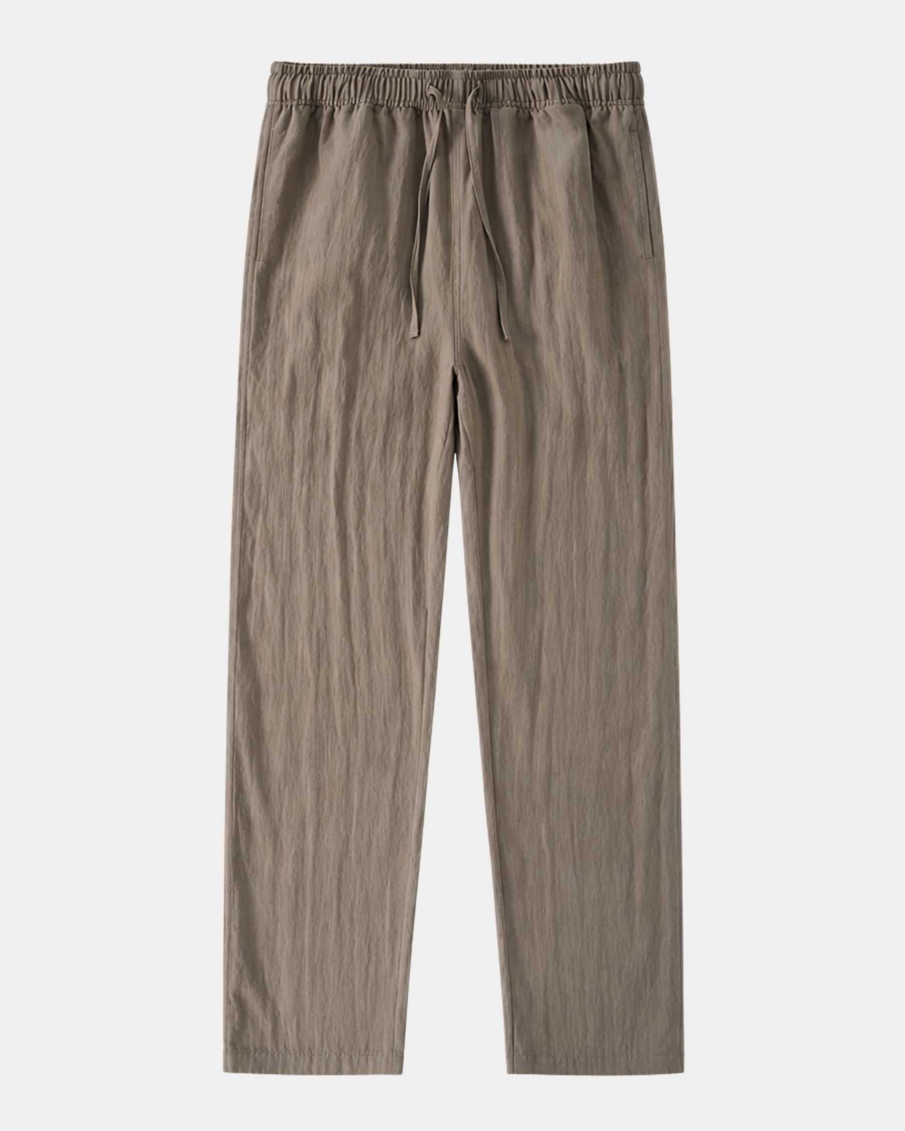By Alden taupe linen drawstring trousers, flat lay front view, light gray background #color_taupe