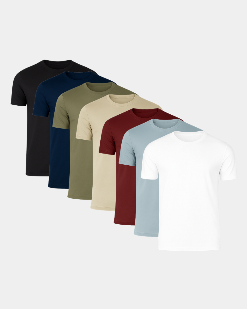 Set of By Alden six mixed color plain t-shirts in black, navy, green, beige, red, and white on a light gray background. #Color_mixed color