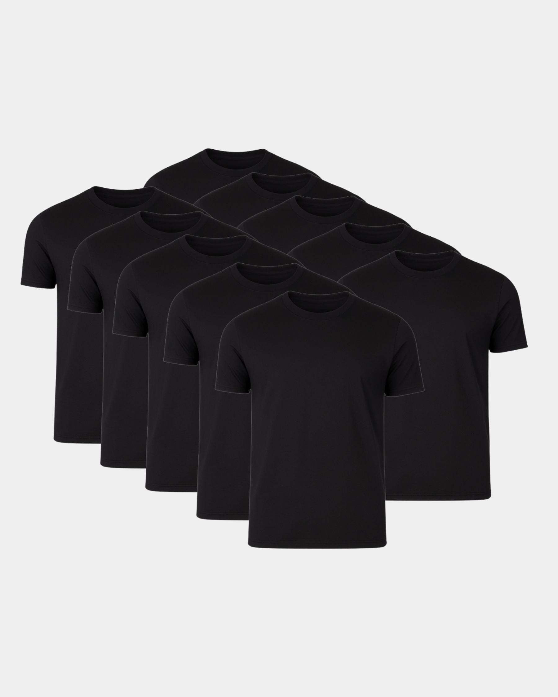 Six black short-sleeve crewneck t-shirts arranged in a staggered fan layout on a light gray background.