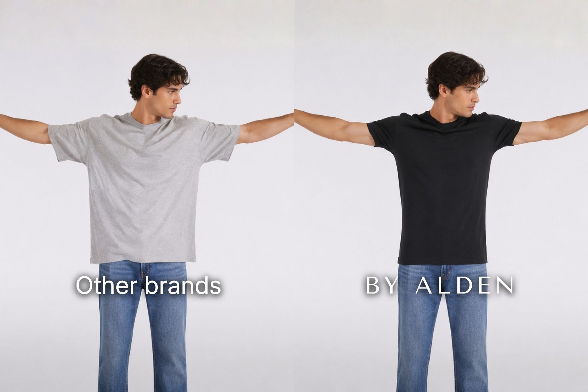 Two male models standing side by side with arms outstretched, wearing plain T-shirts and jeans against a light gray studio background. The left model wears a light gray T-shirt with the text 'Other brands' below, and the right model wears a black T-shirt with the text 'BY ALDEN' below.