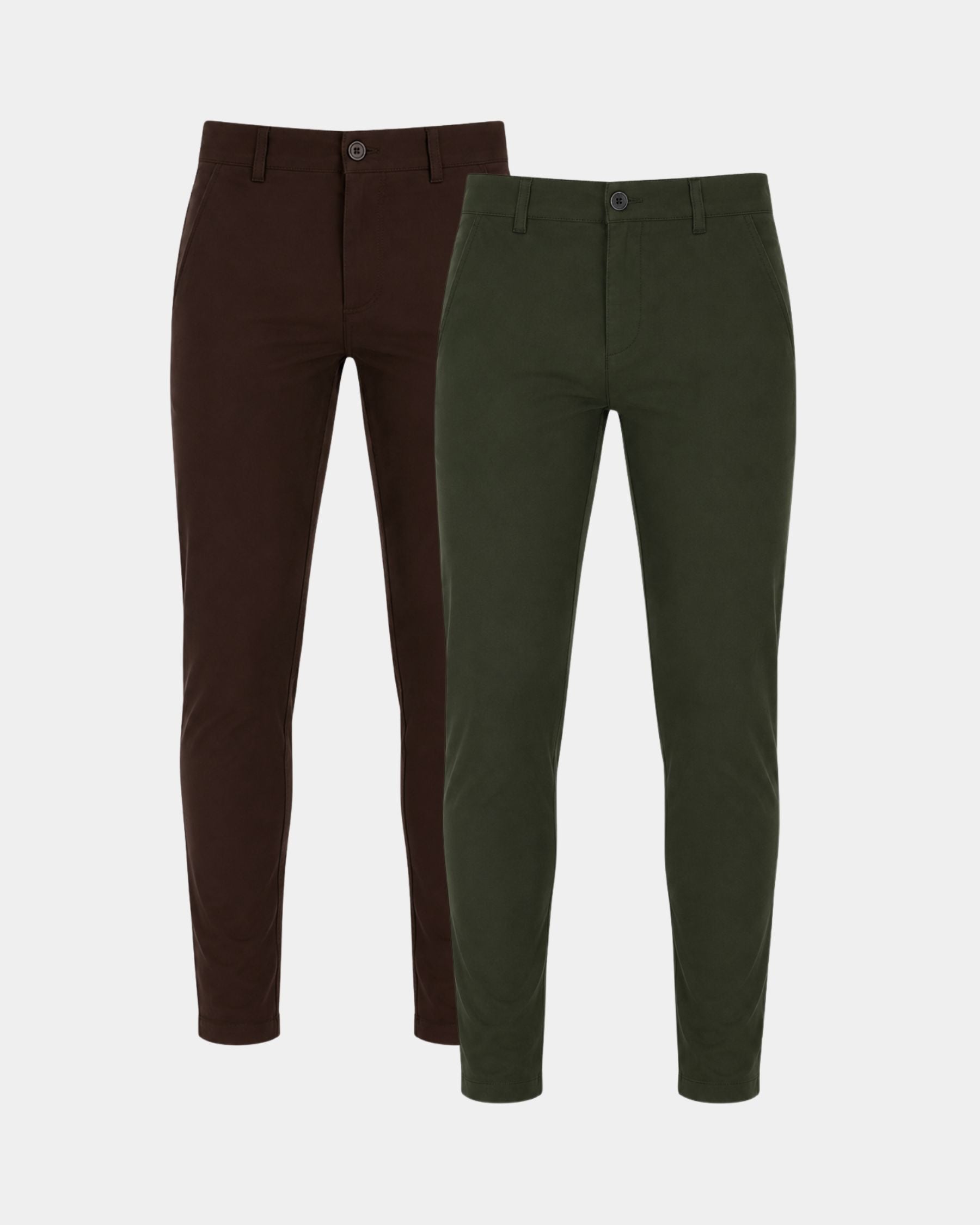 Two slim-fit trousers shown on a light gray background, one in dark brown and one in olive green.
