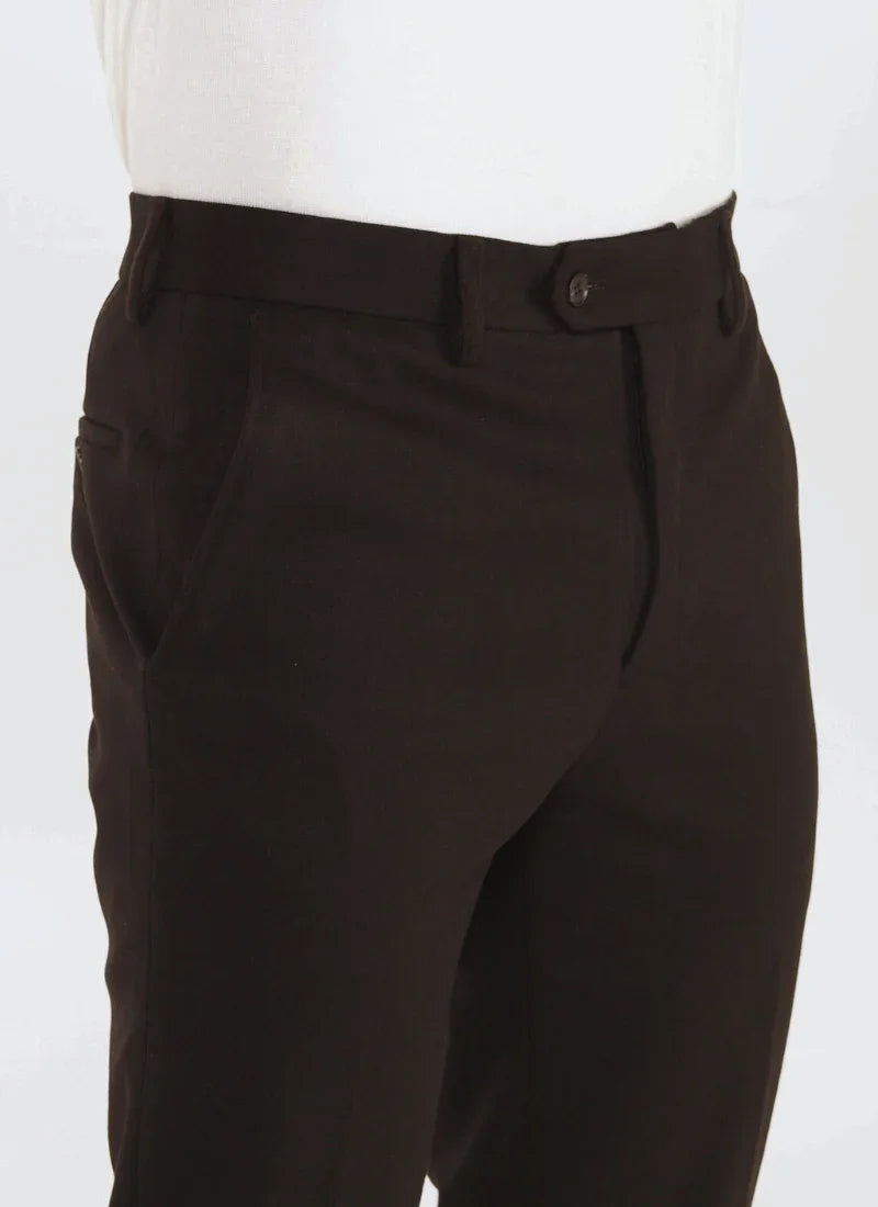 Close-up of Alden black classic wool mix trousers with belt loops and side pockets