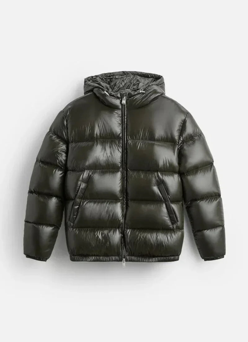black shiny puffer jacket with hood and front zipper, quilted design, two side pockets