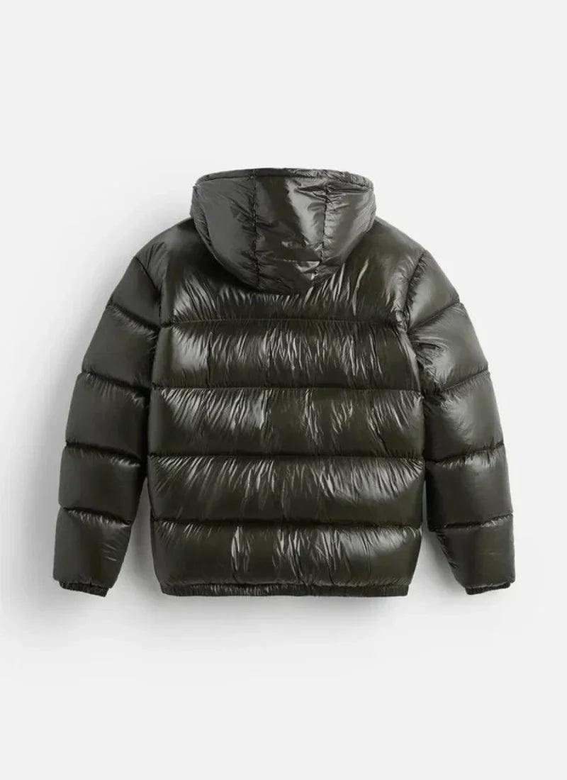 Glossy black down puffer jacket with hood, quilted design, back view on white background