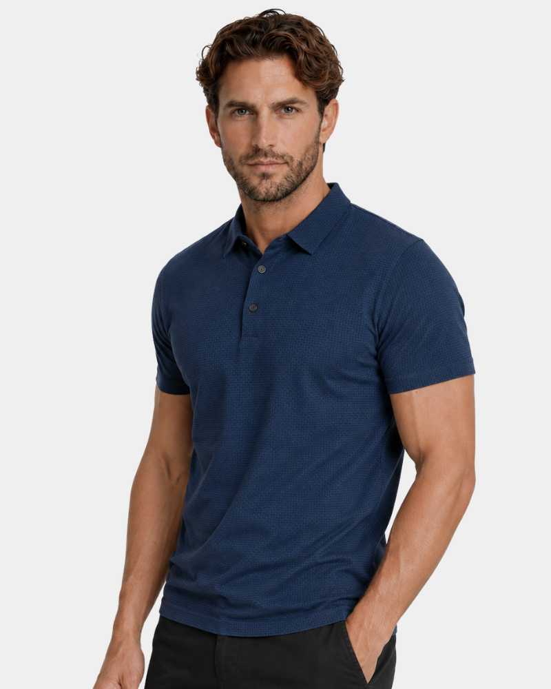 Man wearing a navy blue polo shirt on a white background #Color_blue