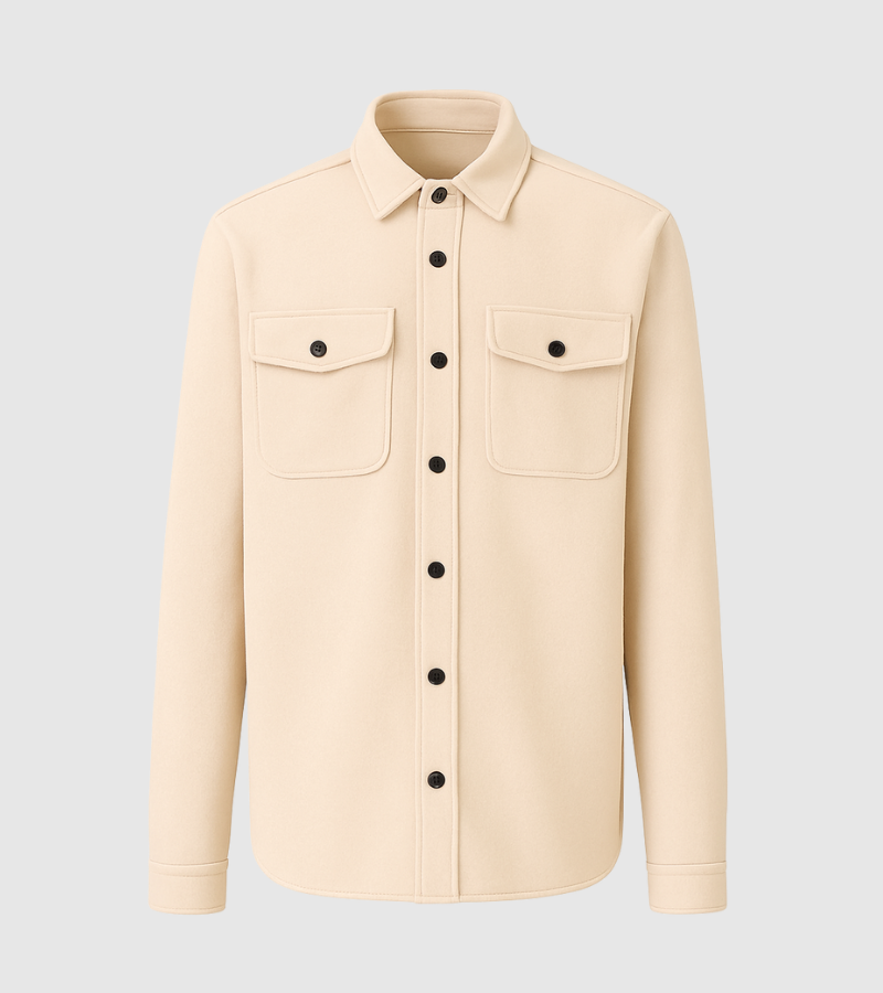Beige button-up shirt jacket with black buttons and two chest pockets on light gray background