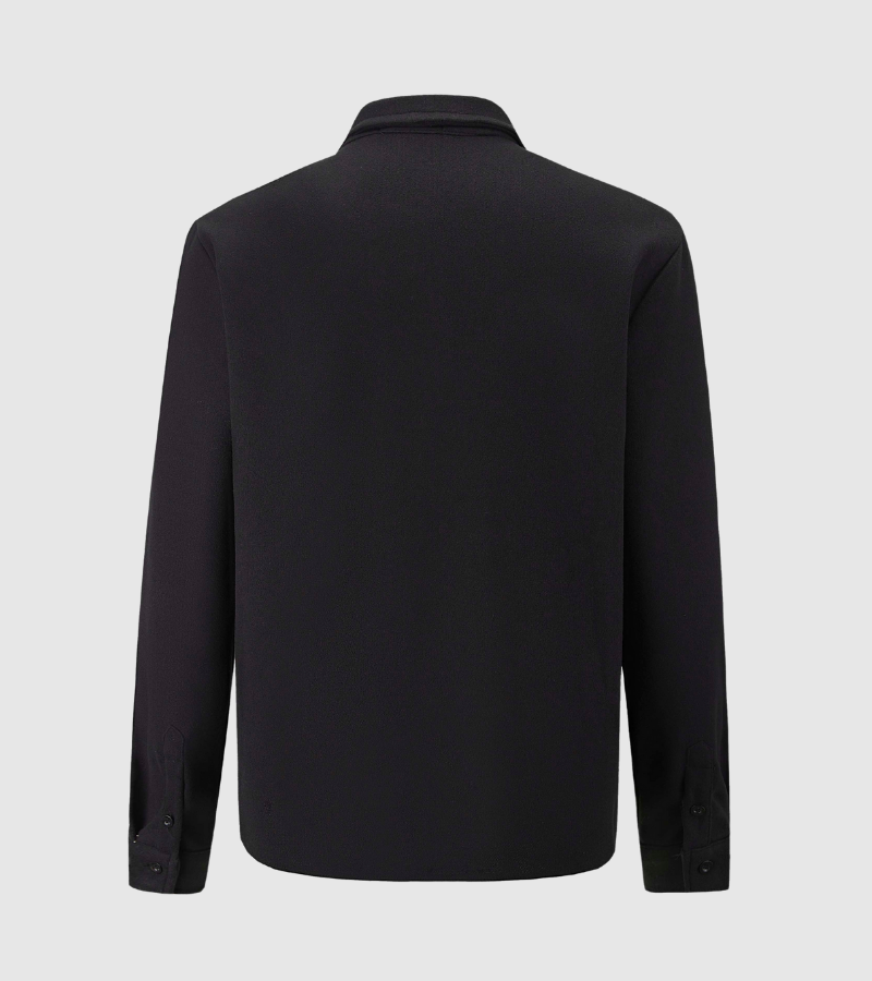 Back view of a black long-sleeve button-up shirt with a collar on gray background