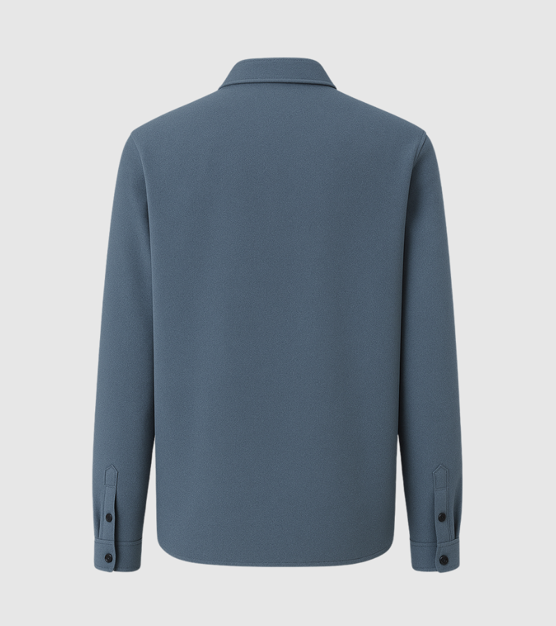 Back view of long sleeve blue fleece shirt with buttoned cuffs and collar on plain background