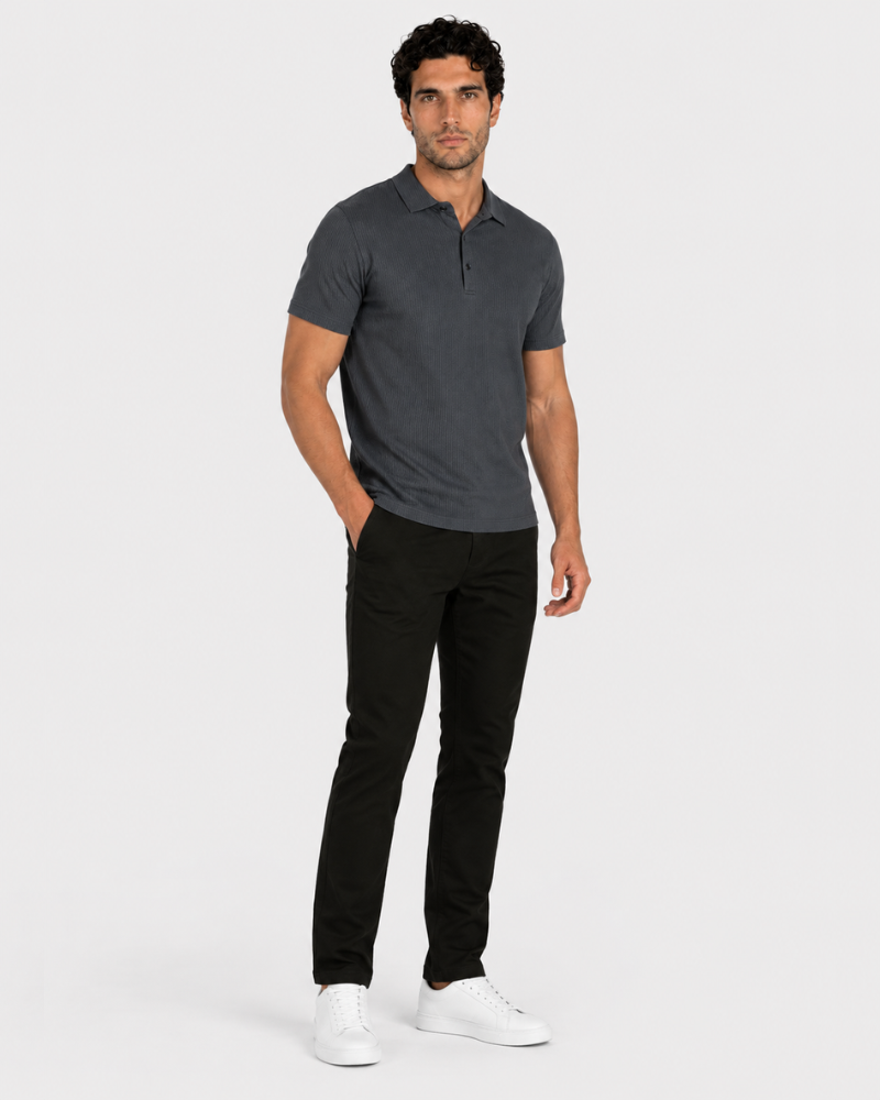 Man wearing a gray polo shirt and black pants on a white background #Color_dark gray