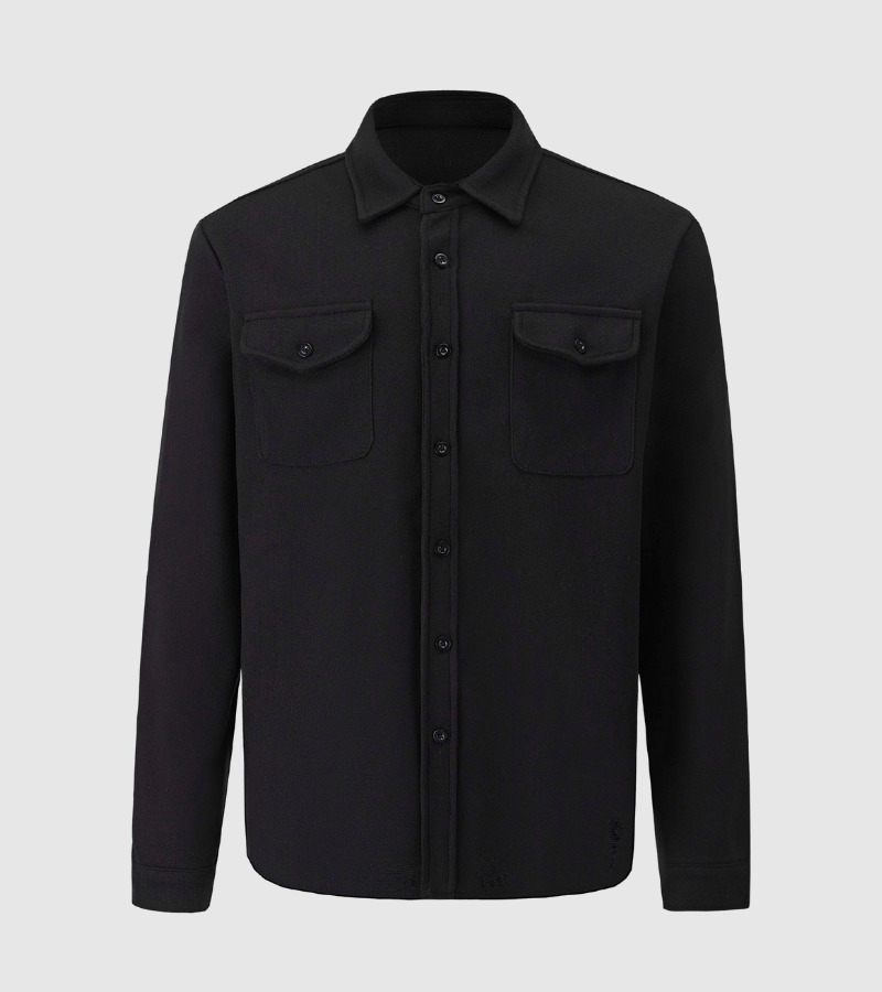 Black button-up shirt jacket with two front chest pockets and long sleeves on gray background