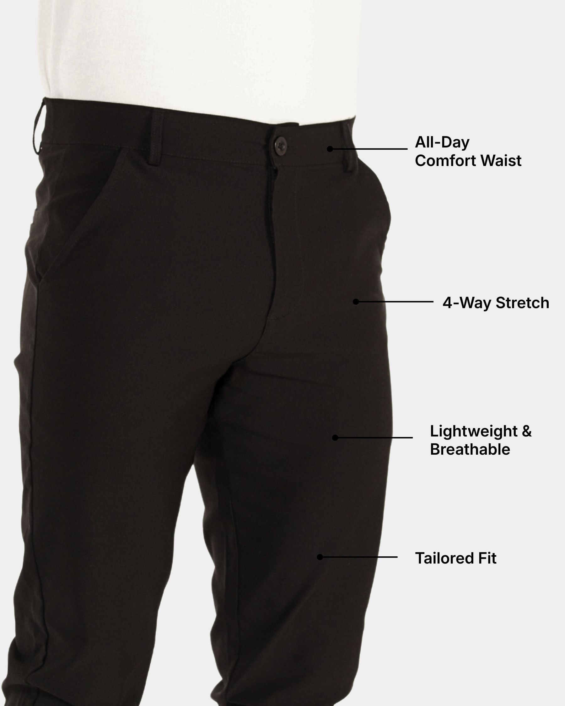 Black pants shown on a cropped mannequin or model torso against a light gray background, with callout text listing features: All-Day Comfort Waist, 4-Way Stretch, Lightweight & Breathable, and Tailored Fit.
