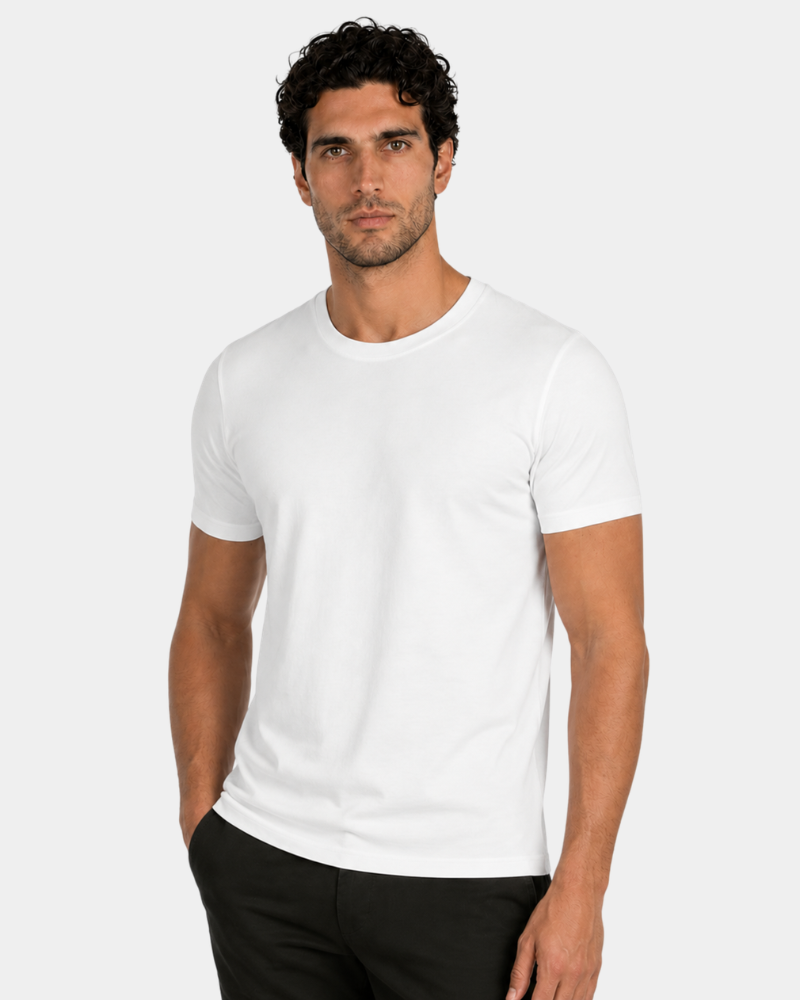 By Alden white crew neck t-shirt on male Caucasian model, front view, gray bg #Color_white #Color_mixed basics