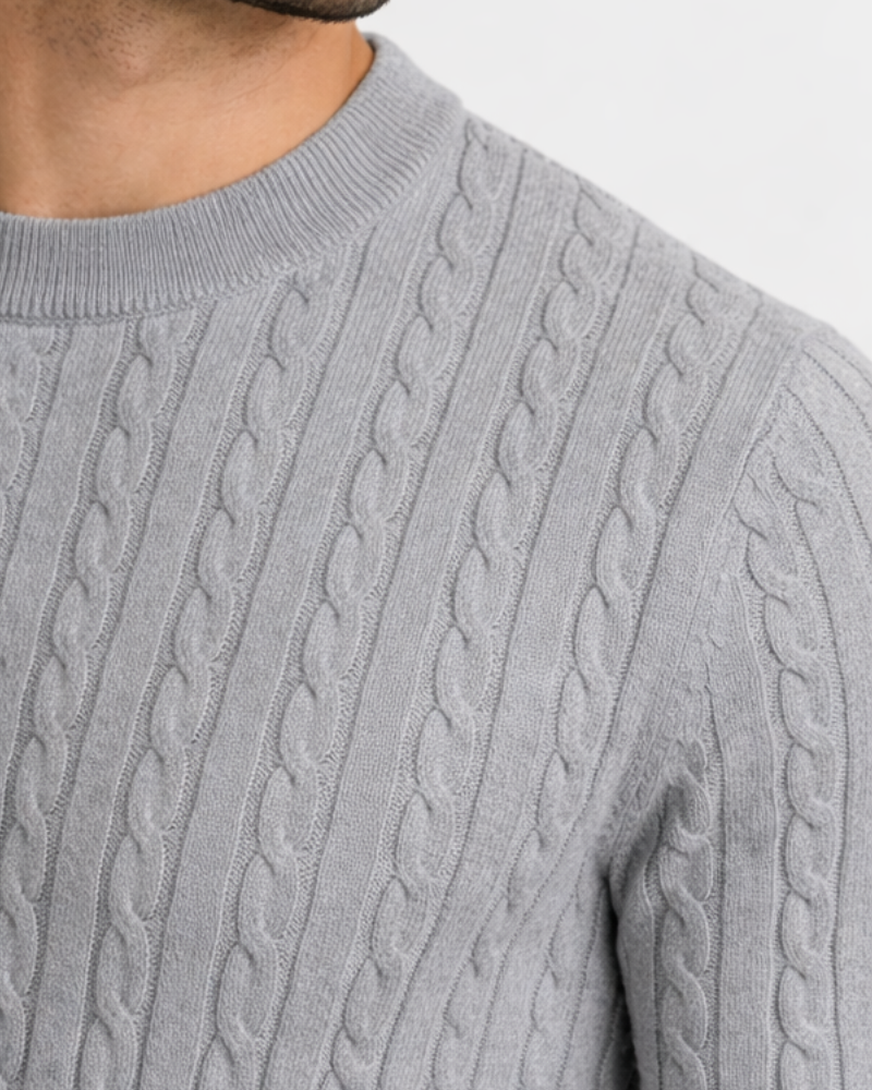 Minimalist luxury grey cable knit t-shirt in premium wool cotton blend, featuring a slim fit and ribbed crew neckline.