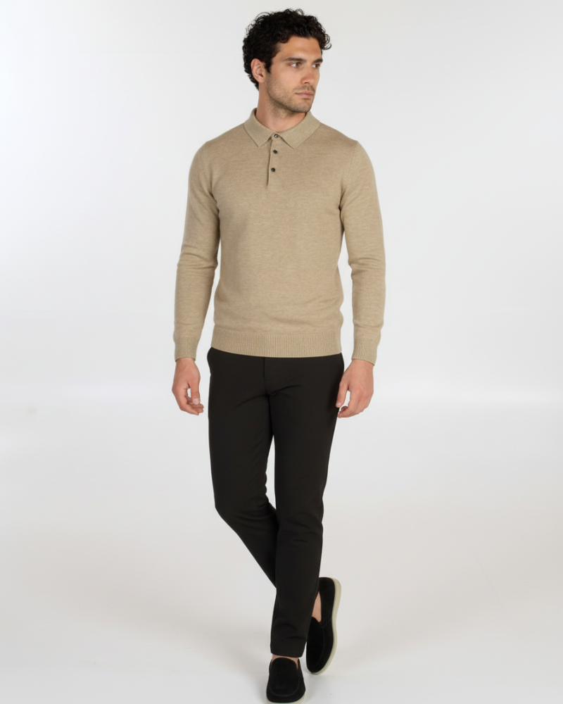 Full view of By Alden luxury beige cashmere-wool knit polo. Minimalist slim fit with a refined drape and heathered texture. #Color_camel
