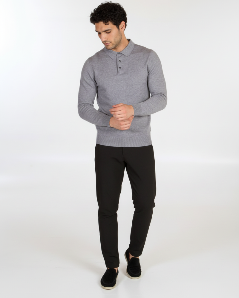 Full view of By Alden luxury grey merino wool knit polo. Minimalist slim fit with a refined drape and soft heathered texture. #color_gray