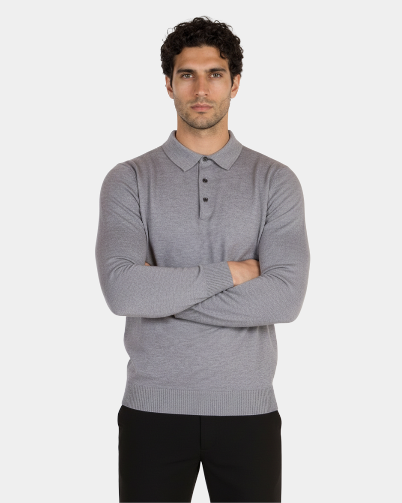 By Alden Minimalist luxury grey knit polo in fine-gauge merino wool. Slim fit with folded arms and a refined button collar. #color_gray