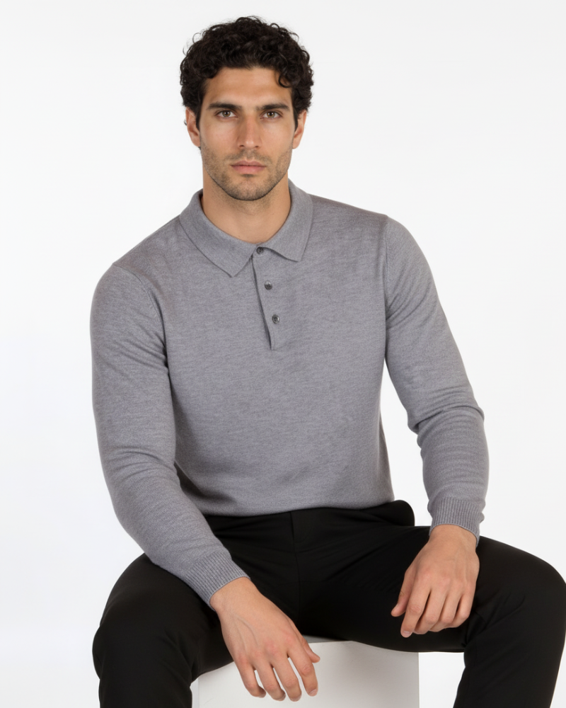 By Alden Luxury grey merino wool knit polo in a minimalist slim fit. Features a soft heathered texture and premium button collar. #color_gray