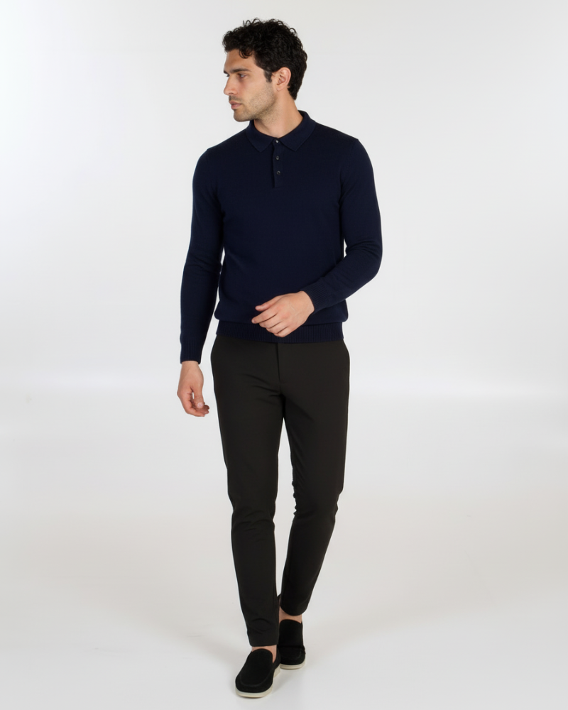 By Alden Luxury navy merino wool knit polo in a minimalist slim fit. Features a refined collar and premium texture. #color_navy
