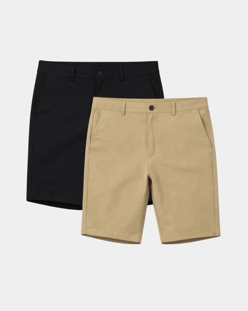 By Alden Minimalist luxury shorts in black and tan twill. Soft, lightweight stretch fabric with a tailored, premium fit. #Color_black & beige
