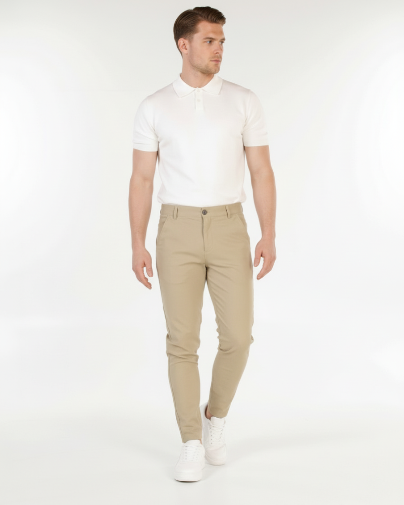 By Alden Minimalist luxury beige cotton-stretch chinos in a slim fit, featuring a smooth, breathable finish for a refined look. #color_beige
