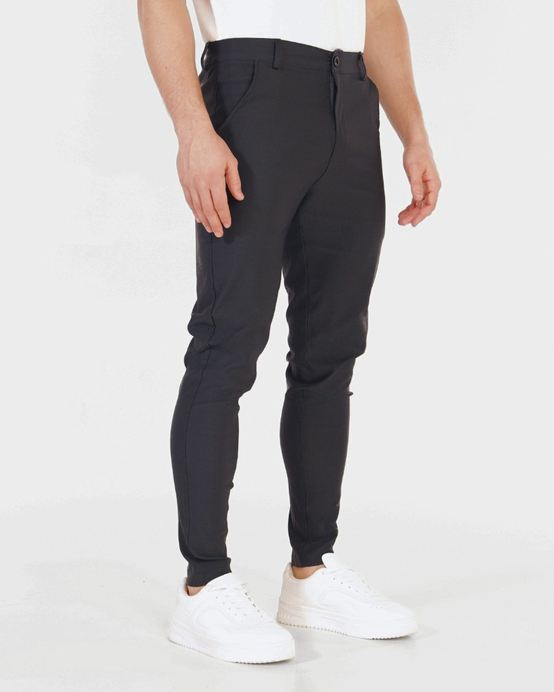 By Alden Minimalist luxury black stretch cotton chinos in a slim fit, featuring a smooth matte texture and tapered ankle. #color_dark gray @model-info