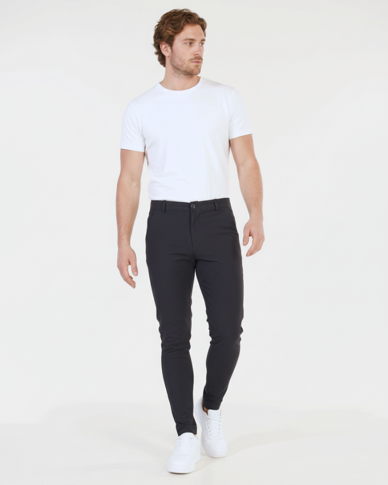 By Alden Minimalist luxury black stretch cotton chinos in a slim fit, featuring a smooth matte texture for a refined look. #color_dark gray