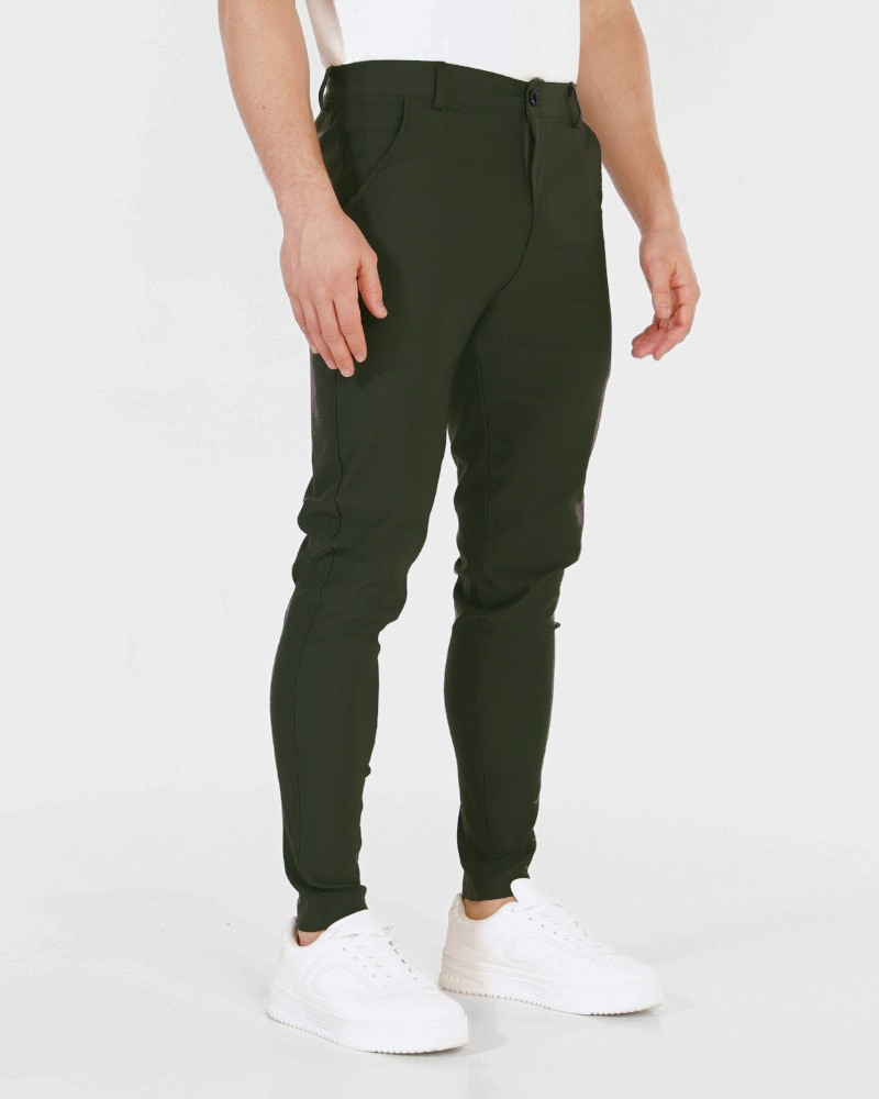 By Alden Minimalist luxury olive chinos in a slim-fit technical stretch fabric with a smooth matte texture. #color_olive green