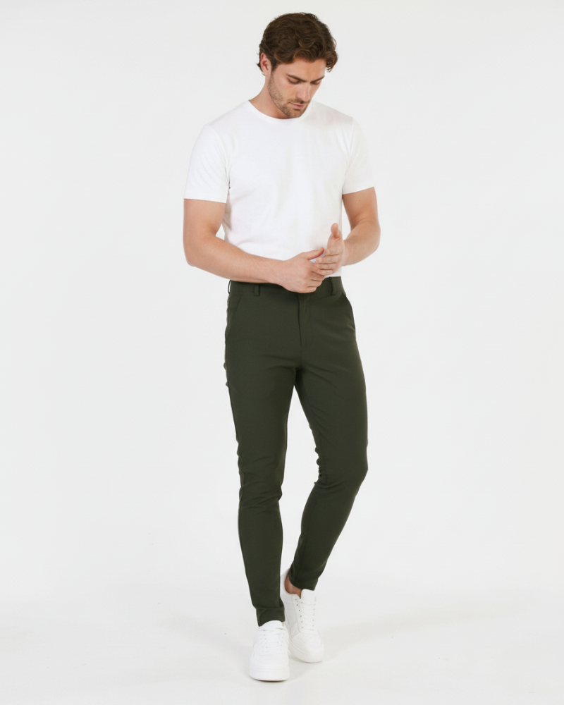 By Alden Minimalist luxury olive chinos in slim-fit stretch cotton-twill; tailored fit for a premium professional look. #color_olive green