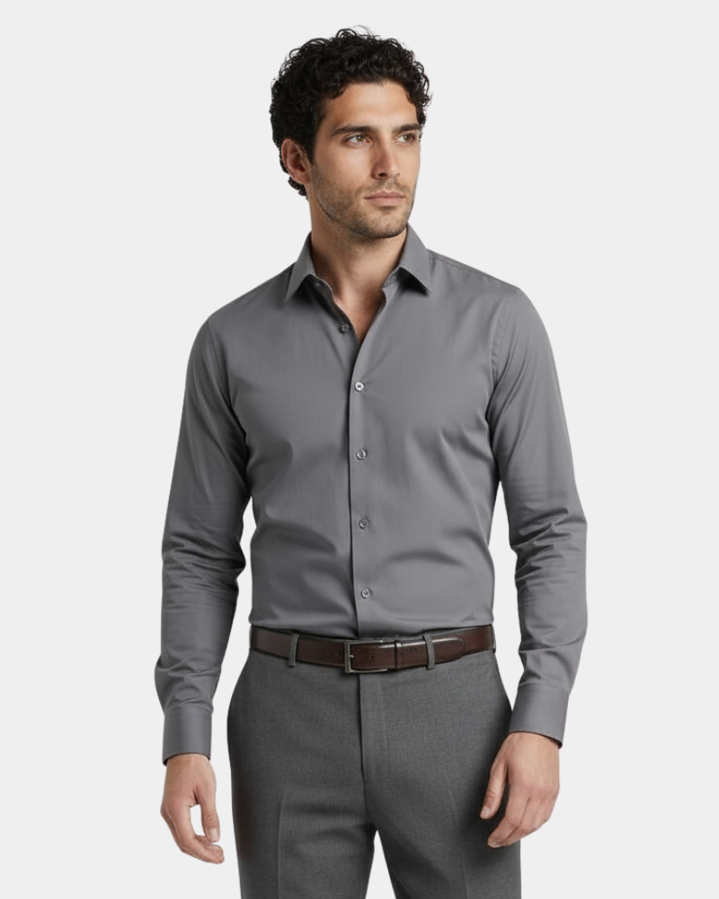 Luxury minimalist grey shirt in performance cotton. Slim fit tailored silhouette for a professional look.