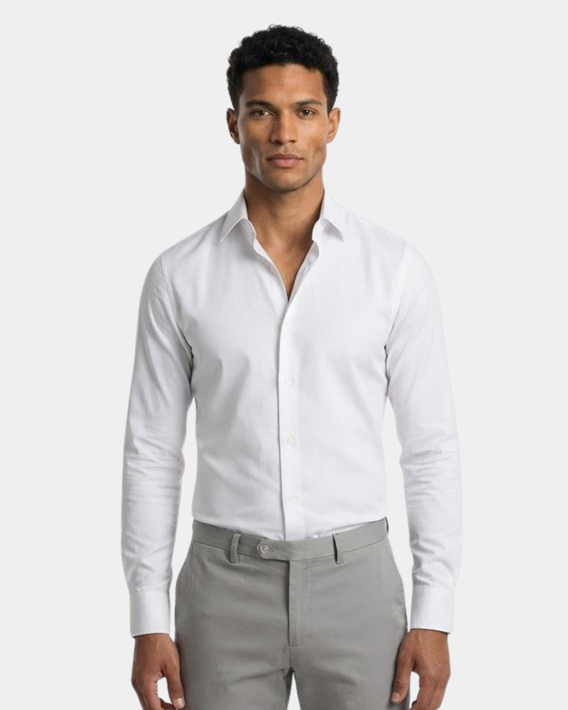 Luxury minimalist white performance shirt. Tailored slim fit in premium stretch fabric for a timeless professional aesthetic.