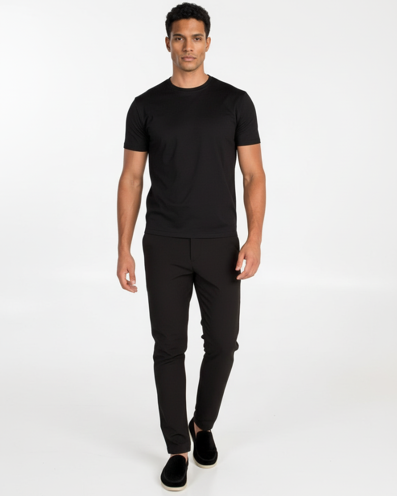 Minimalist luxury black smart fit t-shirt in premium interlock cotton featuring a tailored, refined silhouette.