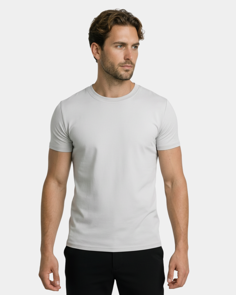 Luxury minimalist light grey pima cotton Smart Fit T-shirt featuring a tailored fit and premium fine-knit texture.