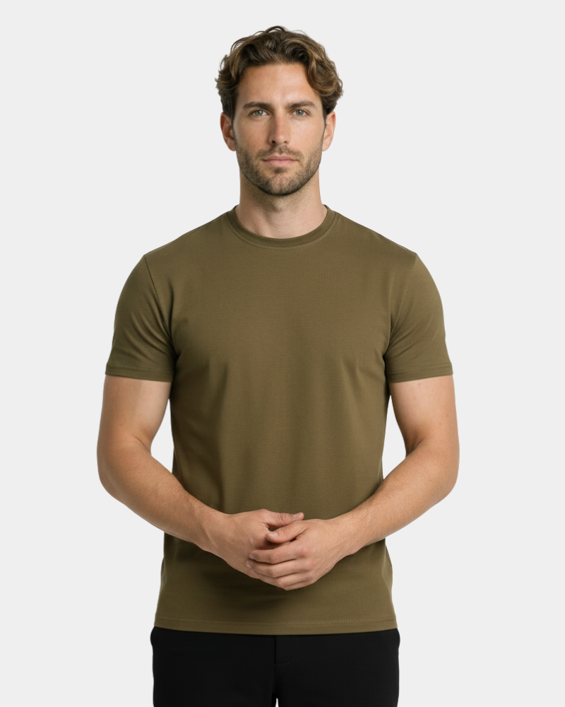Tailored olive luxury pima cotton Smart Fit T-shirt with a minimalist aesthetic and premium matte-sheen finish.