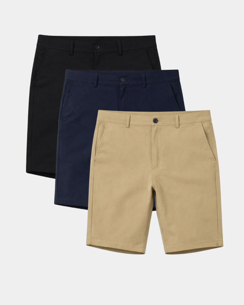Minimalist luxury stretch cotton twill jeans in black, navy, and khaki. Slim fit with a refined, smooth matte texture.