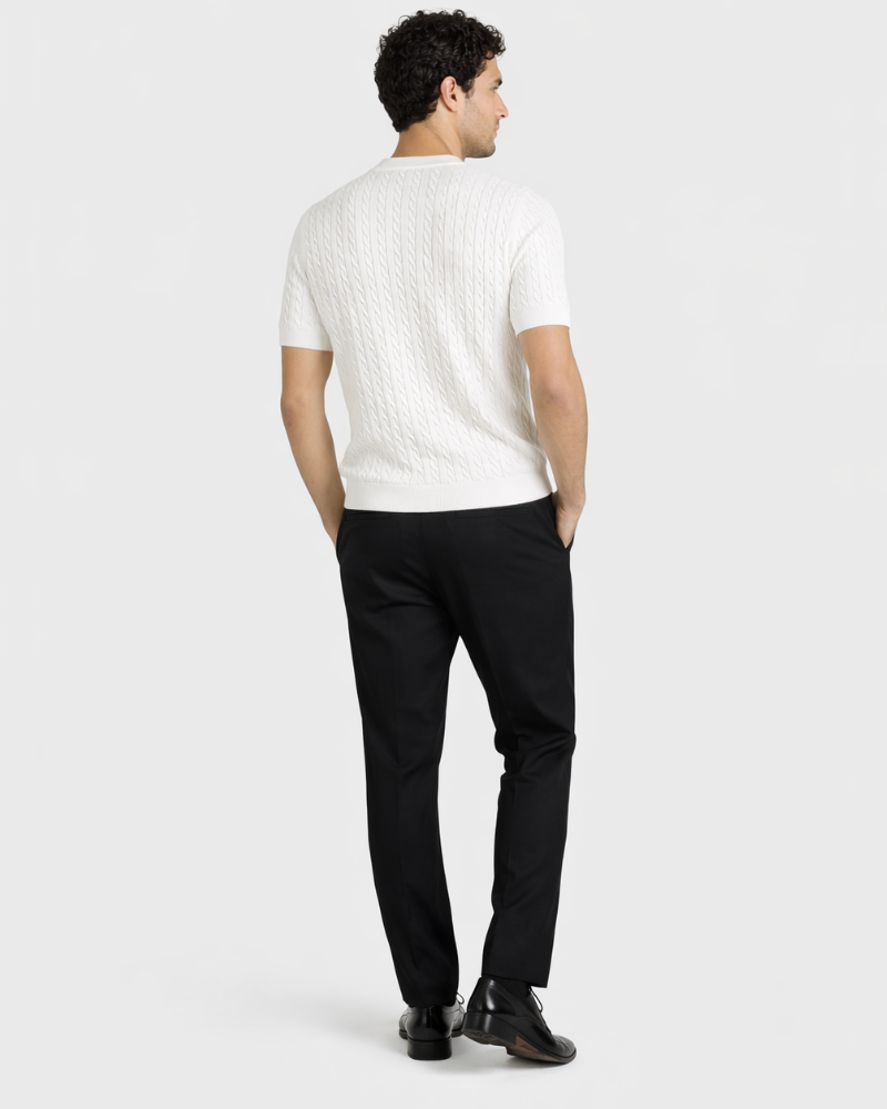 Minimalist luxury white cable knit t-shirt in premium cotton. Back view highlighting slim fit and texture.