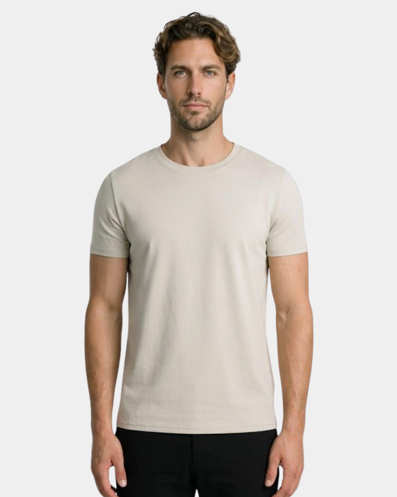 Man wearing a By Alden beige t-shirt on a white background #Color_mixed summer colors