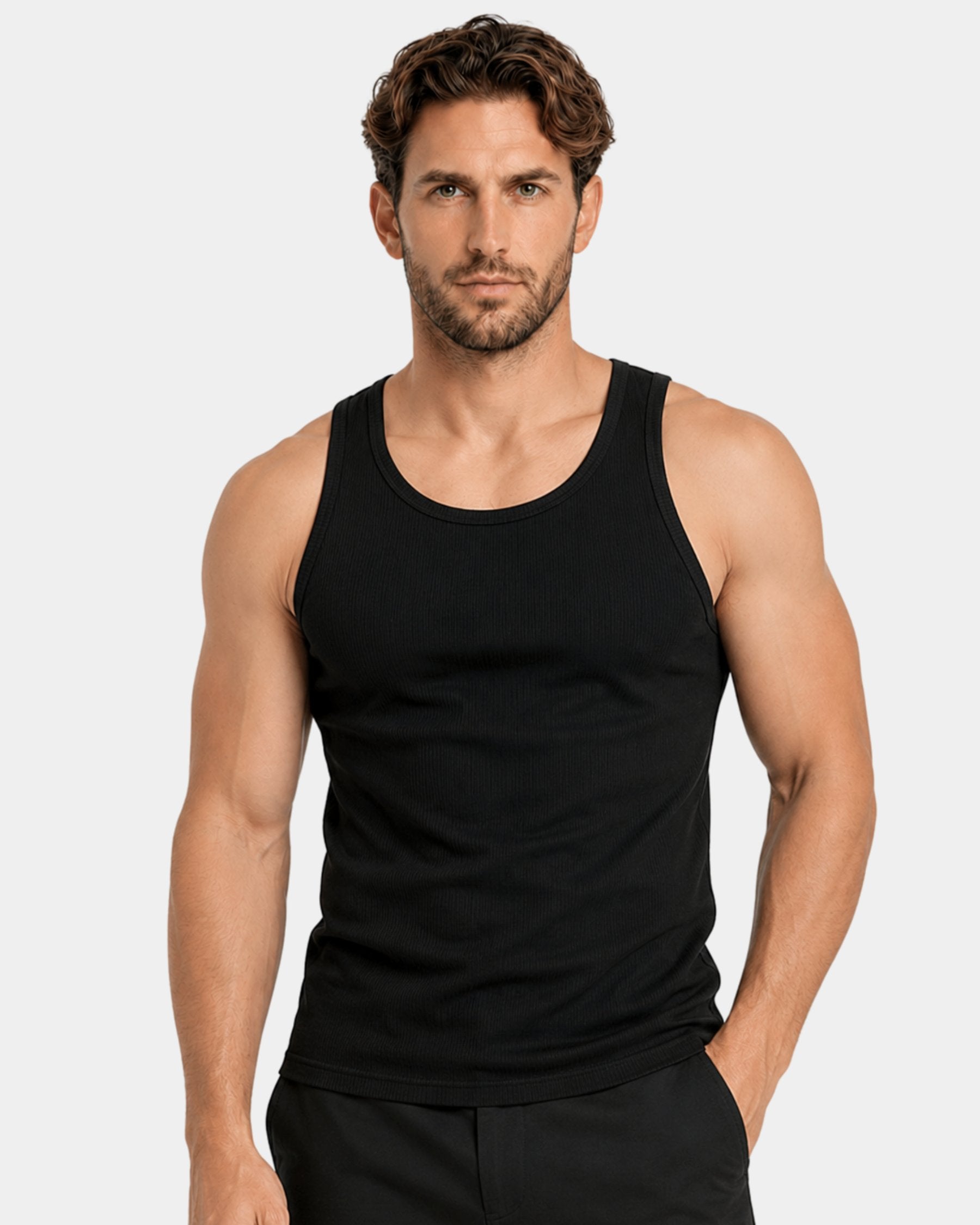 By Alden black ribbed tank top on male model, front view upper body, light gray background #Color_black