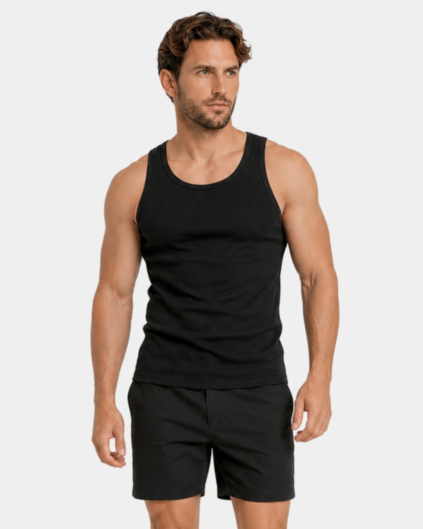 By Alden black ribbed tank top on male model, three-quarter view full body, light gray background #Color_black