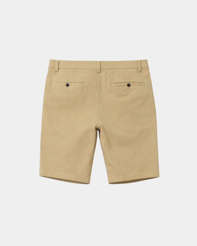 By Alden Beige Shorts flat lay back view light gray background #color_beige