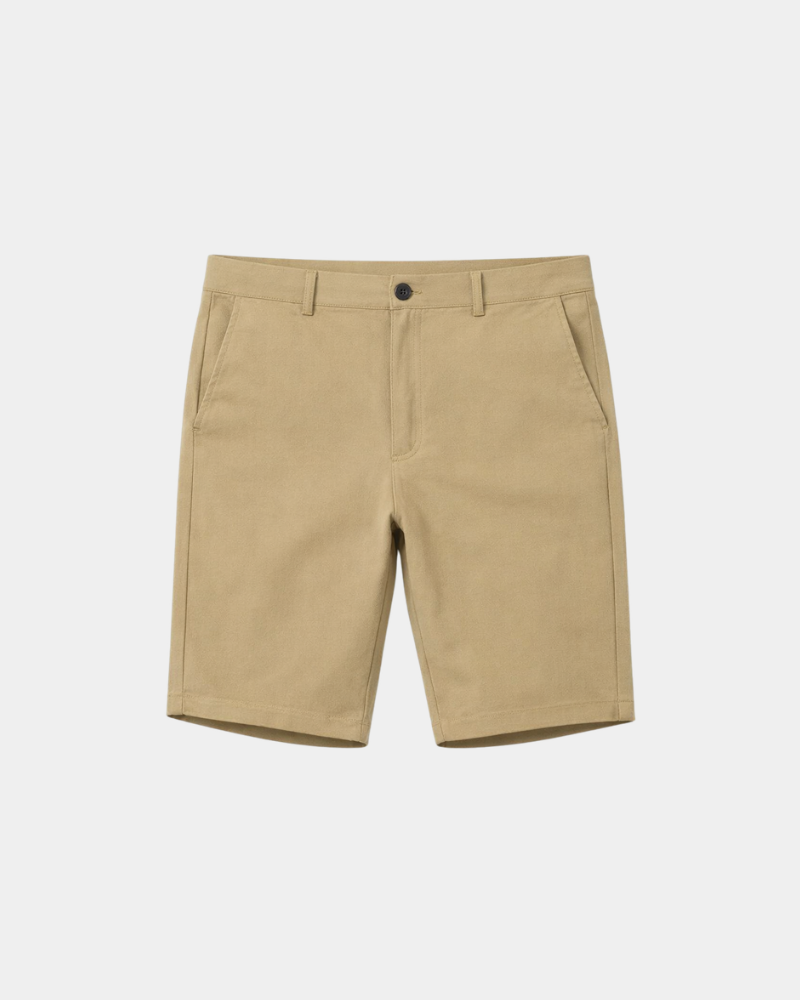 By Alden Beige Shorts flat lay front view light gray background #color_beige