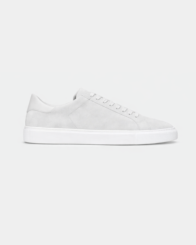 By Alden Beige Suede Classic Trainers, side profile view, light grey background #color_beige